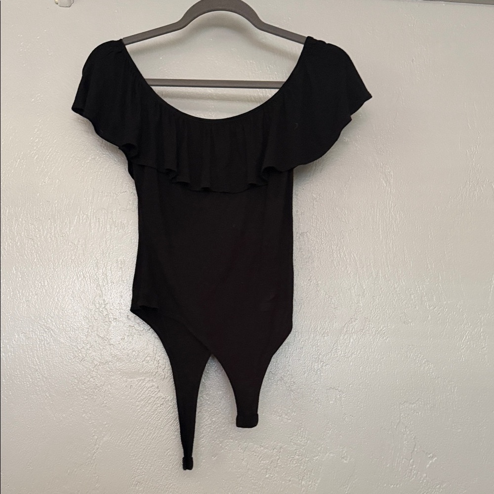 Black Ruffle Off-Shoulder  One-Piece Woman’s Bodysuit